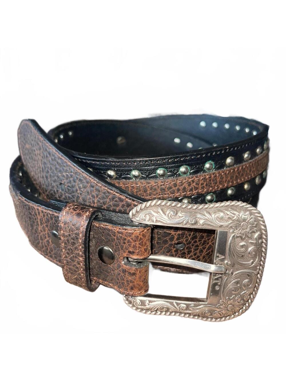 Ariat studded leather belt 40 western cowboy brown and black nwt grip strip